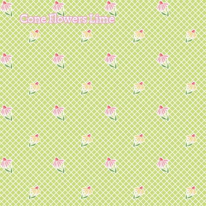 Fabric Pattern Cone Flower (Lime, White & Orange): A bold, graphic, and playful wildflower pattern celebrating blooming cone flowers. The Summer Skies and Fire Flies Collection by Gracey Larson for Riley Blake Designs is inspired by nostalgic, warm summer evenings. The fabric line captures the charm of twinkling stars, picnic lunches, and fireflies dancing at dusk 