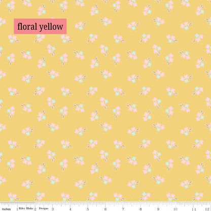 Fabric Pattern Floral (Yellow, Pink & Lime): Cheerful, scattered calico-style blooms that perfectly capture the sunny palette of a summer garden. The Summer Skies and Fire Flies Collection by Gracey Larson for Riley Blake Designs is inspired by nostalgic, warm summer evenings. The fabric line captures the charm of twinkling stars, picnic lunches, and fireflies dancing at dusk 