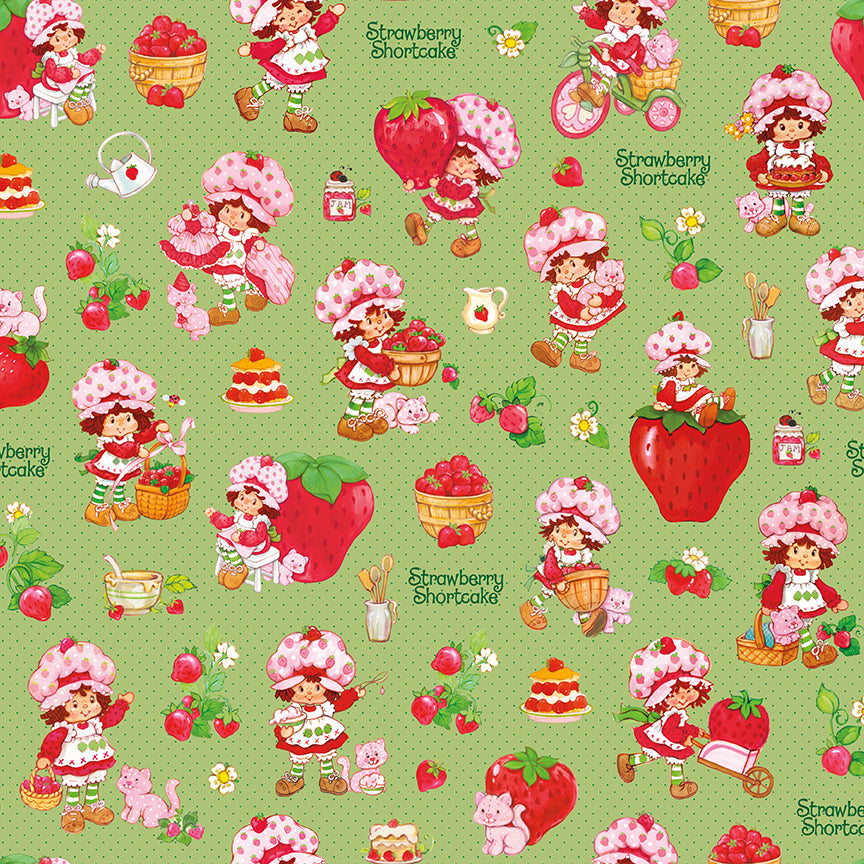 fabric pattern main in colorways: Cream (C18560-CREAM), Pink (C18560-PINK), Green (C18560-GREEN  Description: Features Strawberry Shortcake surrounded by sweet little baskets of strawberries, juicy berry accents, and charming kitchen details in a cozy storybook scene.