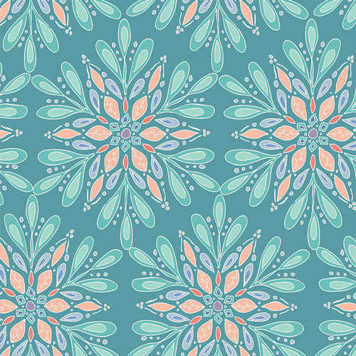 Fabric pattern Winterflake Glow (SBC-FF-3122): Soft, glowing pattern highlighting sparkling winter snowflakes from the frost and Fir Collection  by Sewcial Bee Collective for Art Gallery Fabrics , 100% premium cotton winter collection (125g/sqm, 44-45" wide) celebrating cozy nights, snowy alpine adventures, and the first snowfall with icy blues, blush pinks, sage greens, teal, and plum.