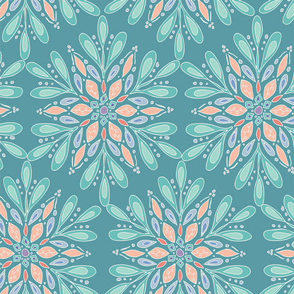 Fabric pattern Winterflake Glow (SBC-FF-3122): Soft, glowing pattern highlighting sparkling winter snowflakes from the frost and Fir Collection  by Sewcial Bee Collective for Art Gallery Fabrics , 100% premium cotton winter collection (125g/sqm, 44-45" wide) celebrating cozy nights, snowy alpine adventures, and the first snowfall with icy blues, blush pinks, sage greens, teal, and plum.
