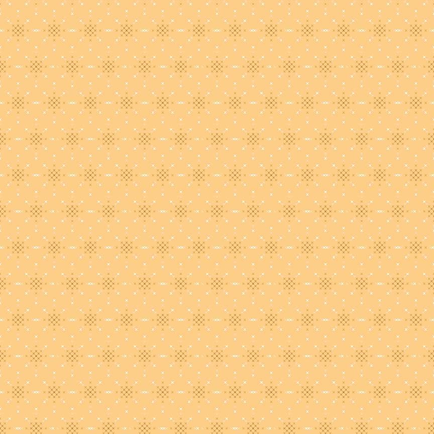 fabric pattern Fairy Stitching Dust Honey : A whimsical tossed print that mimics trails of sparkling pixie dust, stars, and tiny stitching needles from The Thimbelina & the Sewing Fairies collection which is a storybook-inspired line centered around a tiny, magical sewing fairy.