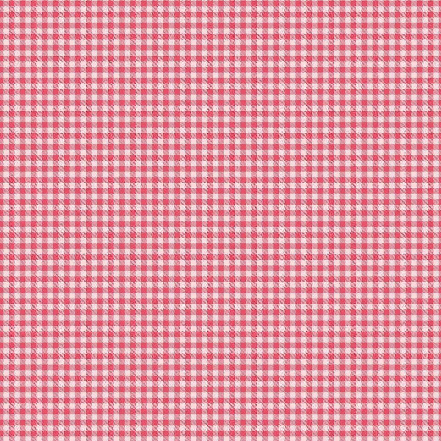 fabric pattern Gingham Pink: A cheerful, classic checkered gingham print that anchors the collection's vintage feel. from the Sew in Love fabric collection is a romantic, sewing-themed line filled with whimsical motifs, vintage floral elements, and classic quilting patterns. Its warm, nostalgic palette features Blush, Pink, Rose, Red, and white