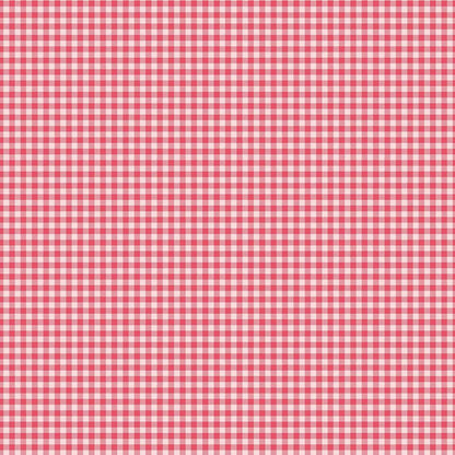 fabric pattern Gingham Pink: A cheerful, classic checkered gingham print that anchors the collection's vintage feel. from the Sew in Love fabric collection is a romantic, sewing-themed line filled with whimsical motifs, vintage floral elements, and classic quilting patterns. Its warm, nostalgic palette features Blush, Pink, Rose, Red, and white