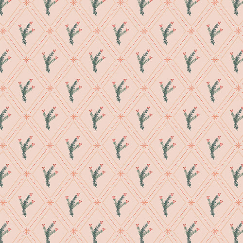Fabric pattern Mistletoe Season (SBC-FF-3132): Botanical holiday pattern featuring clustered mistletoe leaves and berries. from the frost and Fir Collection  by Sewcial Bee Collective for Art Gallery Fabrics , 100% premium cotton winter collection (125g/sqm, 44-45" wide) celebrating cozy nights, snowy alpine adventures, and the first snowfall with icy blues, blush pinks, sage greens, teal, and plum.