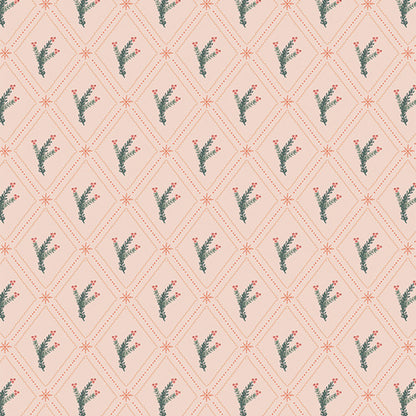 Fabric pattern Mistletoe Season (SBC-FF-3132): Botanical holiday pattern featuring clustered mistletoe leaves and berries. from the frost and Fir Collection  by Sewcial Bee Collective for Art Gallery Fabrics , 100% premium cotton winter collection (125g/sqm, 44-45" wide) celebrating cozy nights, snowy alpine adventures, and the first snowfall with icy blues, blush pinks, sage greens, teal, and plum.