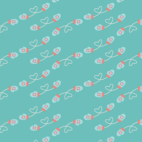 Fabric pattern Mitten Smitten (SBC-FF-3114): Charming display of cozy, patterned winter mittens from the frost and Fir Collection  by Sewcial Bee Collective for Art Gallery Fabrics , 100% premium cotton winter collection (125g/sqm, 44-45" wide) celebrating cozy nights, snowy alpine adventures, and the first snowfall with icy blues, blush pinks, sage greens, teal, and plum.