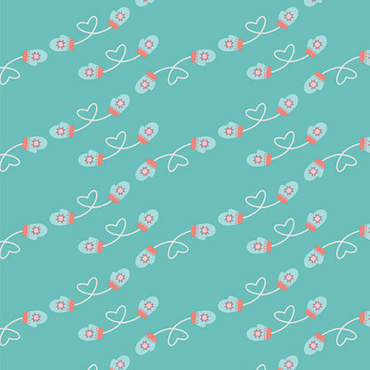 Fabric pattern Mitten Smitten (SBC-FF-3114): Charming display of cozy, patterned winter mittens from the frost and Fir Collection  by Sewcial Bee Collective for Art Gallery Fabrics , 100% premium cotton winter collection (125g/sqm, 44-45" wide) celebrating cozy nights, snowy alpine adventures, and the first snowfall with icy blues, blush pinks, sage greens, teal, and plum.