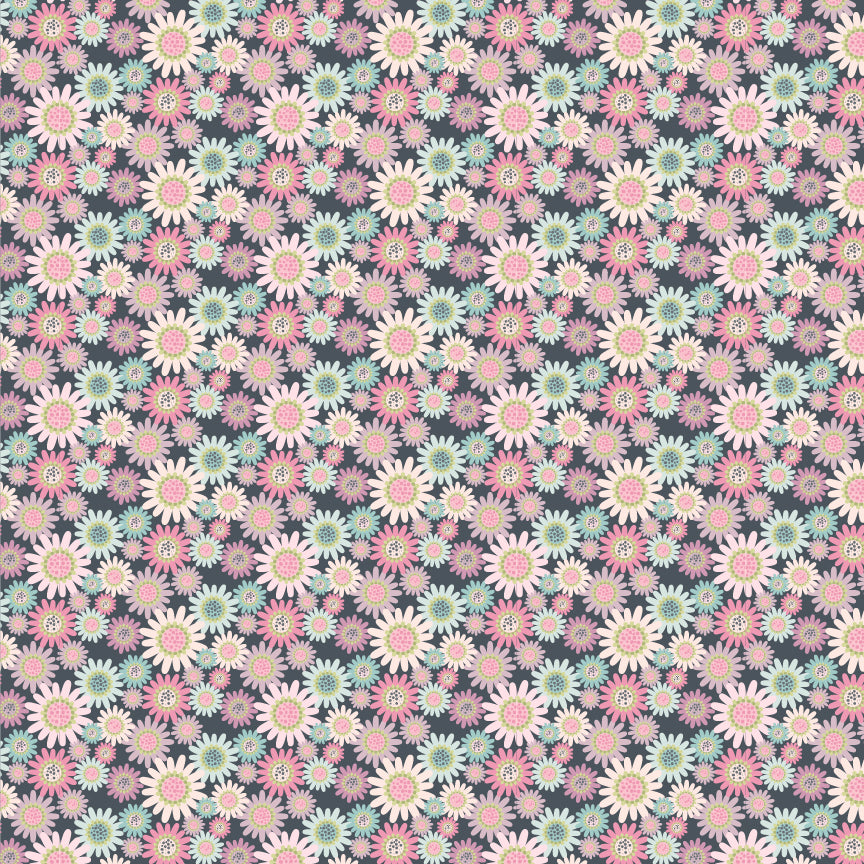 Fabric Pattern Sunny Daisies Grey: Features delicate, cheerful daisy motifs, providing a soft contrast to the larger floral prints from collection Le Petit Escargot by Lori Woods for Poppie Cotton which is a storybook-themed collection featuring a charming, romantic aesthetic with soft florals, whimsical snails, and delicate geometric prints in shades of pink, teal, blue, lilac, green, and grey. The collection consists of 7 main designs across 3 colorways, including a "cheater panel".