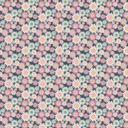 Fabric Pattern Sunny Daisies Grey: Features delicate, cheerful daisy motifs, providing a soft contrast to the larger floral prints from collection Le Petit Escargot by Lori Woods for Poppie Cotton which is a storybook-themed collection featuring a charming, romantic aesthetic with soft florals, whimsical snails, and delicate geometric prints in shades of pink, teal, blue, lilac, green, and grey. The collection consists of 7 main designs across 3 colorways, including a "cheater panel".