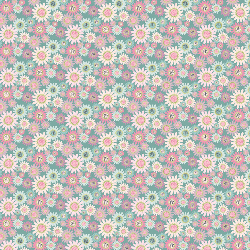Fabric Pattern Sunny Daisies Teal: Features delicate, cheerful daisy motifs, providing a soft contrast to the larger floral prints from collection Le Petit Escargot by Lori Woods for Poppie Cotton which is a storybook-themed collection featuring a charming, romantic aesthetic with soft florals, whimsical snails, and delicate geometric prints in shades of pink, teal, blue, lilac, green, and grey. The collection consists of 7 main designs across 3 colorways, including a "cheater panel".