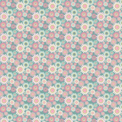 Fabric Pattern Sunny Daisies Teal: Features delicate, cheerful daisy motifs, providing a soft contrast to the larger floral prints from collection Le Petit Escargot by Lori Woods for Poppie Cotton which is a storybook-themed collection featuring a charming, romantic aesthetic with soft florals, whimsical snails, and delicate geometric prints in shades of pink, teal, blue, lilac, green, and grey. The collection consists of 7 main designs across 3 colorways, including a "cheater panel".