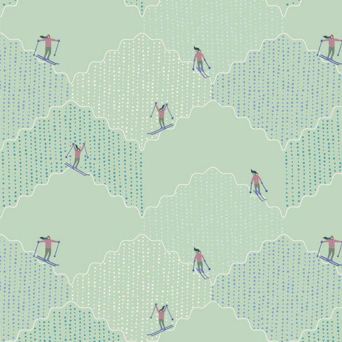 Fabric pattern Ski Run (SBC-FF-3113): Dynamic layout featuring skiers and downhill winter sports elements from the frost and Fir Collection  by Sewcial Bee Collective for Art Gallery Fabrics , 100% premium cotton winter collection (125g/sqm, 44-45" wide) celebrating cozy nights, snowy alpine adventures, and the first snowfall with icy blues, blush pinks, sage greens, teal, and plum.