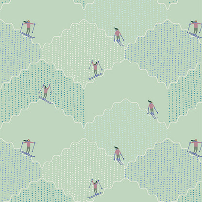 Fabric pattern Ski Run (SBC-FF-3113): Dynamic layout featuring skiers and downhill winter sports elements from the frost and Fir Collection  by Sewcial Bee Collective for Art Gallery Fabrics , 100% premium cotton winter collection (125g/sqm, 44-45" wide) celebrating cozy nights, snowy alpine adventures, and the first snowfall with icy blues, blush pinks, sage greens, teal, and plum.