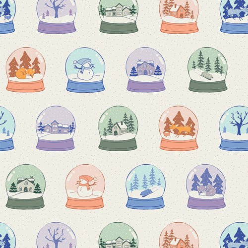 Fabric pattern Snowglobes Scenes (SBC-FF-3130): Whimsical layout of miniature decorative snow globes filled with winter magic  from the frost and Fir Collection  by Sewcial Bee Collective for Art Gallery Fabrics , 100% premium cotton winter collection (125g/sqm, 44-45" wide) celebrating cozy nights, snowy alpine adventures, and the first snowfall with icy blues, blush pinks, sage greens, teal, and plum.