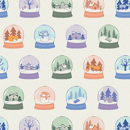 Fabric pattern Snowglobes Scenes (SBC-FF-3130): Whimsical layout of miniature decorative snow globes filled with winter magic  from the frost and Fir Collection  by Sewcial Bee Collective for Art Gallery Fabrics , 100% premium cotton winter collection (125g/sqm, 44-45" wide) celebrating cozy nights, snowy alpine adventures, and the first snowfall with icy blues, blush pinks, sage greens, teal, and plum.