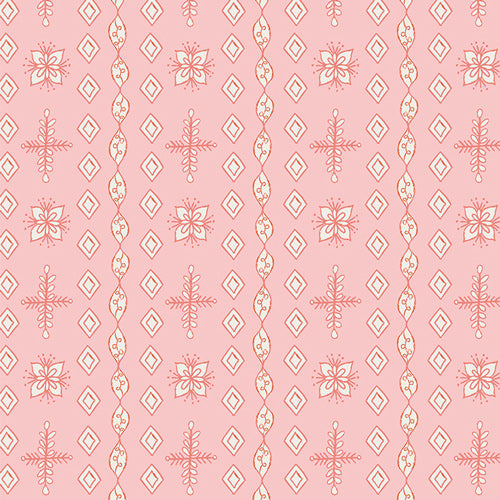 Fabric pattern Sugarplum Lace (SBC-FF-3121): Intricate, lace-like geometric prints inspired by frost patterns from the frost and Fir Collection  by Sewcial Bee Collective for Art Gallery Fabrics , 100% premium cotton winter collection (125g/sqm, 44-45" wide) celebrating cozy nights, snowy alpine adventures, and the first snowfall with icy blues, blush pinks, sage greens, teal, and plum.
