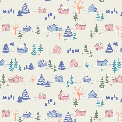 Fabric pattern Winterful Town (SBC-FF-3134): Cozy, illustrated snowy village scene with charming houses and trees from the frost and Fir Collection  by Sewcial Bee Collective for Art Gallery Fabrics , 100% premium cotton winter collection (125g/sqm, 44-45" wide) celebrating cozy nights, snowy alpine adventures, and the first snowfall with icy blues, blush pinks, sage greens, teal, and plum.