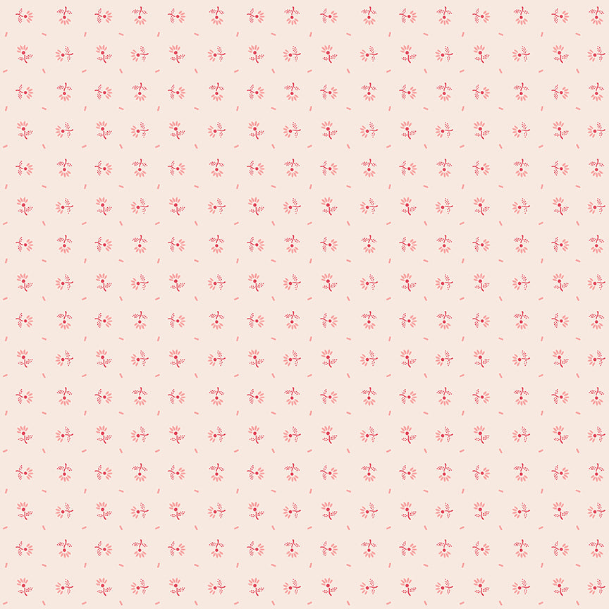 fabric pattern Blooms (Latte): A floral pattern featuring clusters of flowers on a creamy, neutral background. Fabric patterns are from The Berry & Sage fabric collection by Lori Holt for Riley Blake Designs which is a vintage-inspired line  characterized by a color palette of coral, tea rose, cherry, alpine, latte, and sage.