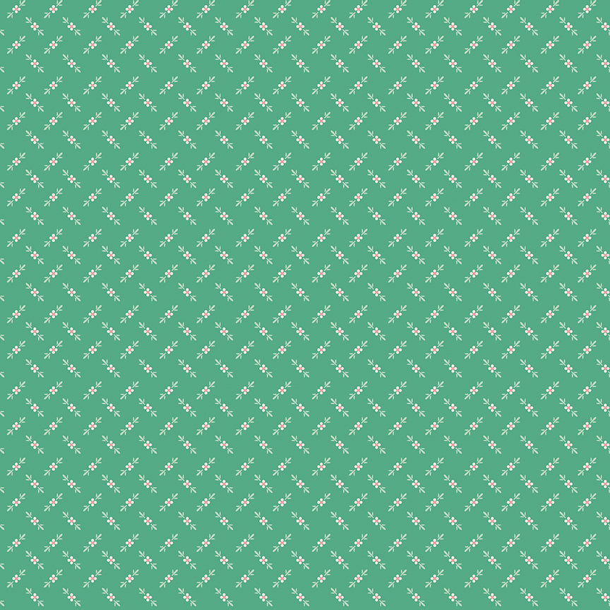 fabric pattern Flower Bud (Alpine): A delicate, small-scale print featuring unblossomed flower buds. Fabric patterns are from The Berry & Sage fabric collection by Lori Holt for Riley Blake Designs which is a vintage-inspired line  characterized by a color palette of coral, tea rose, cherry, alpine, latte, and sage.