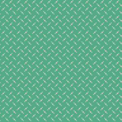 fabric pattern Flower Bud (Alpine): A delicate, small-scale print featuring unblossomed flower buds. Fabric patterns are from The Berry & Sage fabric collection by Lori Holt for Riley Blake Designs which is a vintage-inspired line  characterized by a color palette of coral, tea rose, cherry, alpine, latte, and sage.