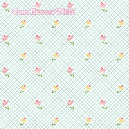 Fabric Pattern Cone Flower (Lime, White & Orange): A bold, graphic, and playful wildflower pattern celebrating blooming cone flowers. The Summer Skies and Fire Flies Collection by Gracey Larson for Riley Blake Designs is inspired by nostalgic, warm summer evenings. The fabric line captures the charm of twinkling stars, picnic lunches, and fireflies dancing at dusk 