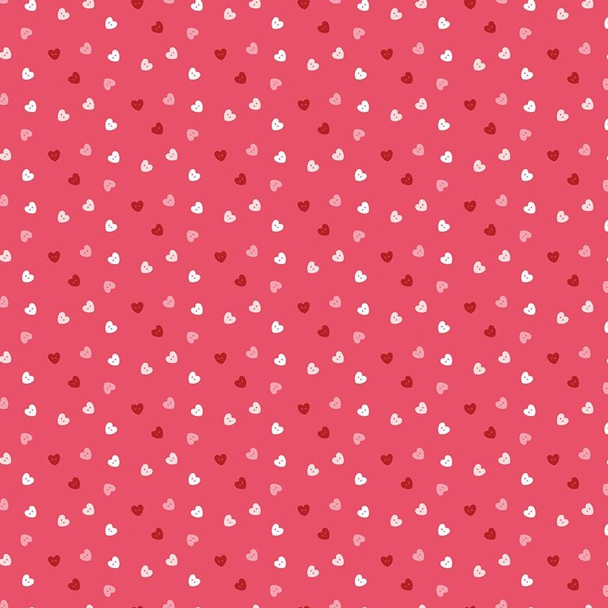 fabric pattern Hearts Pink: A charming, whimsical scatter pattern of small, sketchy open and filled hearts from the Sew in Love fabric collection is a romantic, sewing-themed line filled with whimsical motifs, vintage floral elements, and classic quilting patterns. Its warm, nostalgic palette features Blush, Pink, Rose, Red, and White