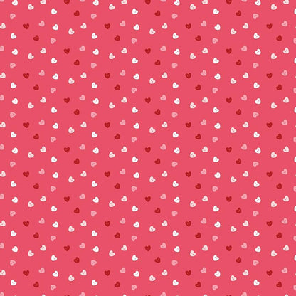 fabric pattern Hearts Pink: A charming, whimsical scatter pattern of small, sketchy open and filled hearts from the Sew in Love fabric collection is a romantic, sewing-themed line filled with whimsical motifs, vintage floral elements, and classic quilting patterns. Its warm, nostalgic palette features Blush, Pink, Rose, Red, and White