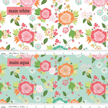 Fabric Pattern Main, backgrounds  White & Aqua are The signature print of the collection, featuring a delightful, whimsical summer posies and sprawling flowers. The Summer Skies and Fireflies Collection by Gracey Larson for Riley Blake Designs is inspired by nostalgic, warm summer evenings. The fabric line captures the charm of twinkling stars, picnic lunches, and fireflies dancing at dusk 
