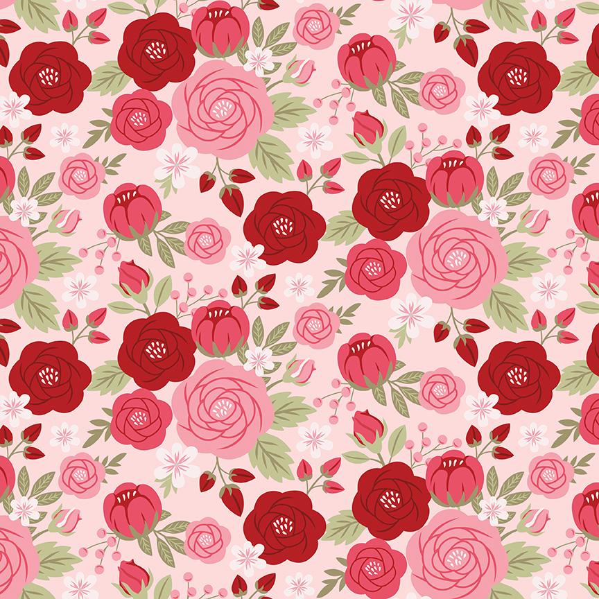 fabric pattern Main Rose blush The signature print of the collection features whimsical illustrations of large roses tossed together from the Sew in Love fabric collection is a romantic, sewing-themed line filled with whimsical motifs, vintage floral elements, and classic quilting patterns. Its warm, nostalgic palette features Blush, Pink, Rose, Red, and White