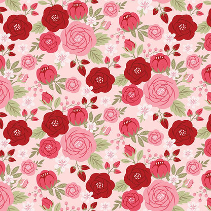 fabric pattern Main Rose blush The signature print of the collection features whimsical illustrations of large roses tossed together from the Sew in Love fabric collection is a romantic, sewing-themed line filled with whimsical motifs, vintage floral elements, and classic quilting patterns. Its warm, nostalgic palette features Blush, Pink, Rose, Red, and White