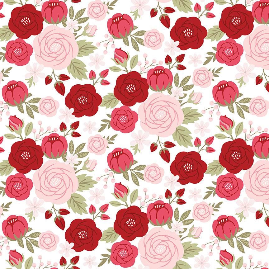 fabric pattern Main Rose White The signature print of the collection features whimsical illustrations of large roses tossed together from the Sew in Love fabric collection is a romantic, sewing-themed line filled with whimsical motifs, vintage floral elements, and classic quilting patterns. Its warm, nostalgic palette features Blush, Pink, Rose, Red, and White