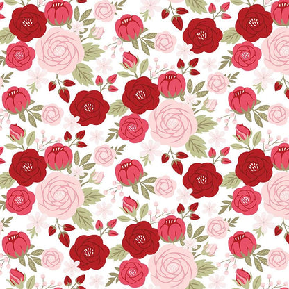 fabric pattern Main Rose White The signature print of the collection features whimsical illustrations of large roses tossed together from the Sew in Love fabric collection is a romantic, sewing-themed line filled with whimsical motifs, vintage floral elements, and classic quilting patterns. Its warm, nostalgic palette features Blush, Pink, Rose, Red, and White