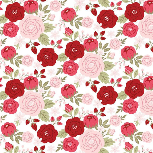 fabric pattern Main Rose White The signature print of the collection features whimsical illustrations of large roses tossed together from the Sew in Love fabric collection is a romantic, sewing-themed line filled with whimsical motifs, vintage floral elements, and classic quilting patterns. Its warm, nostalgic palette features Blush, Pink, Rose, Red, and White