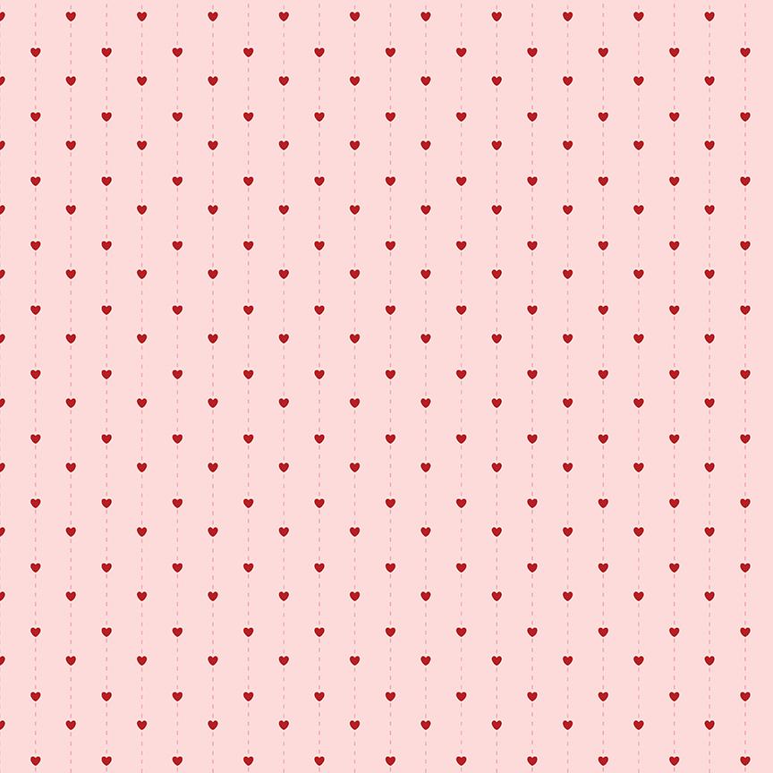 fabric pattern Stripes blush: A crisp, delicate vertical stripe print with little hearts pink from the Sew in Love fabric collection is a romantic, sewing-themed line filled with whimsical motifs, vintage floral elements, and classic quilting patterns. Its warm, nostalgic palette features Blush, Pink, Rose, Red, and White