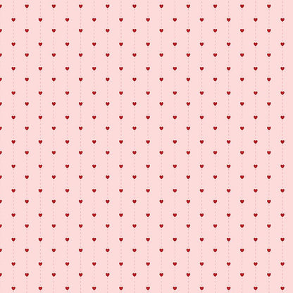 fabric pattern Stripes blush: A crisp, delicate vertical stripe print with little hearts pink from the Sew in Love fabric collection is a romantic, sewing-themed line filled with whimsical motifs, vintage floral elements, and classic quilting patterns. Its warm, nostalgic palette features Blush, Pink, Rose, Red, and White