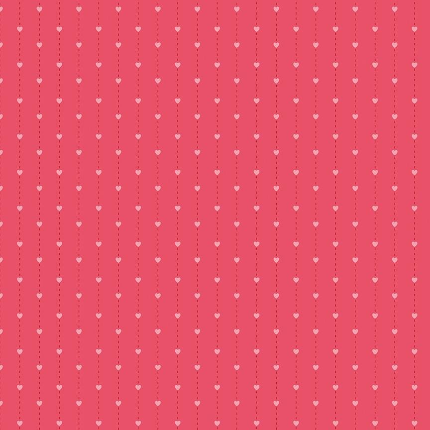fabric pattern Stripes: A crisp, delicate vertical stripe print with little hearts pink from the Sew in Love fabric collection is a romantic, sewing-themed line filled with whimsical motifs, vintage floral elements, and classic quilting patterns. Its warm, nostalgic palette features Blush, Pink, Rose, Red, and White