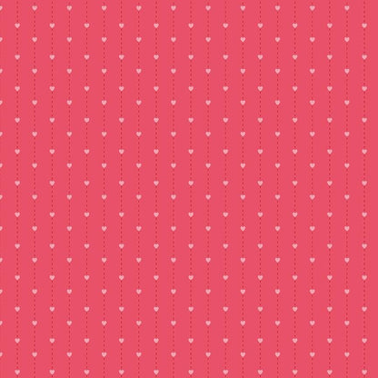 fabric pattern Stripes: A crisp, delicate vertical stripe print with little hearts pink from the Sew in Love fabric collection is a romantic, sewing-themed line filled with whimsical motifs, vintage floral elements, and classic quilting patterns. Its warm, nostalgic palette features Blush, Pink, Rose, Red, and White