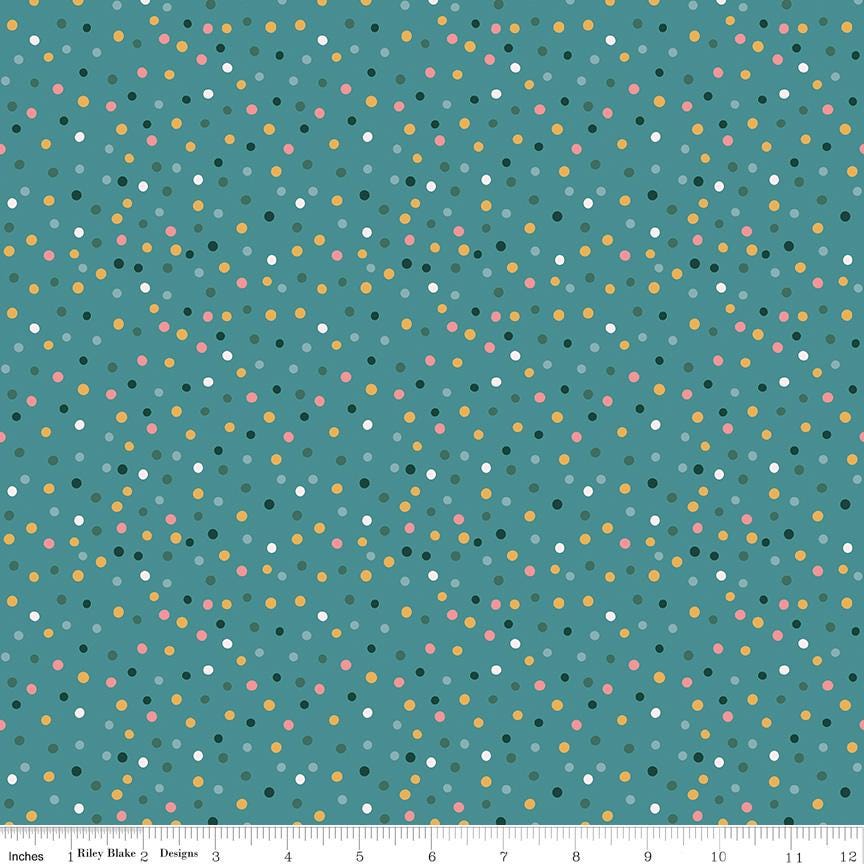 Fabric Pattern Dotty (Swiss Dot): A classic, playful, and small-scale polka dot pattern used as a staple blender throughout the collection, Color Rain from The Thimbelina & the Sewing Fairies collection which is a storybook-inspired line centered around a tiny, magical sewing fairy.