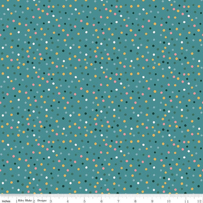 Fabric Pattern Dotty (Swiss Dot): A classic, playful, and small-scale polka dot pattern used as a staple blender throughout the collection, Color Rain from The Thimbelina & the Sewing Fairies collection which is a storybook-inspired line centered around a tiny, magical sewing fairy.