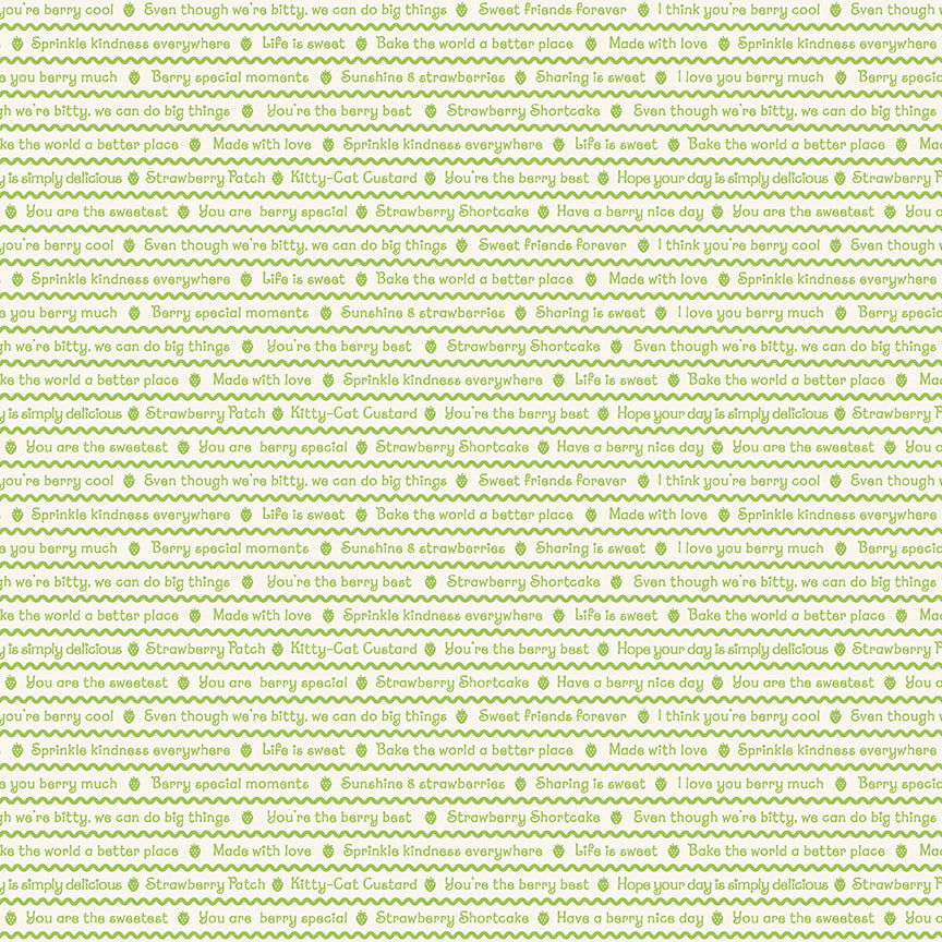 fabric pattern text in Colorways: Red (C18563-RED), Pink (C18563-PINK), Green (C18563-GREEN) from the fabric collection the world of strawberry shortcake. Description: Features nostalgic typography and berry-themed lettered motifs celebrating Strawberryland.