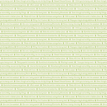 fabric pattern text in Colorways: Red (C18563-RED), Pink (C18563-PINK), Green (C18563-GREEN) from the fabric collection the world of strawberry shortcake. Description: Features nostalgic typography and berry-themed lettered motifs celebrating Strawberryland.