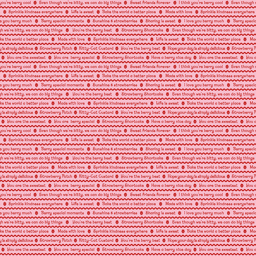 fabric pattern text in Colorways: Red (C18563-RED), Pink (C18563-PINK), Green (C18563-GREEN) from the fabric collection the world of strawberry shortcake. Description: Features nostalgic typography and berry-themed lettered motifs celebrating Strawberryland.