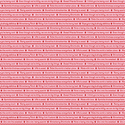 fabric pattern text in Colorways: Red (C18563-RED), Pink (C18563-PINK), Green (C18563-GREEN) from the fabric collection the world of strawberry shortcake. Description: Features nostalgic typography and berry-themed lettered motifs celebrating Strawberryland.