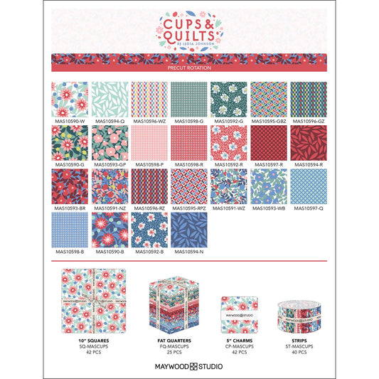 collage of pictures from the patterns in the cups and quilts fabric collection