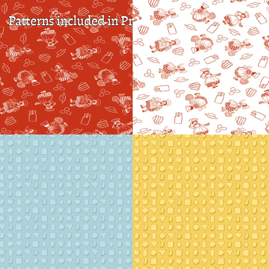 fabric patterns from The Gingerbread fabric collection from Riley Blake Designs, designed by J. Wecker Frisch, is a nostalgic, vintage-inspired holiday line celebrating the sweet tradition of Christmas cookie baking. The theme includes Antique lace patterns, classic illustrations, and soft watercolor elements layered together for a timeless look. The color palette has Warm browns, creamy whites, vibrant reds, forest greens, subtle blues, and occasional dark backgrounds.
