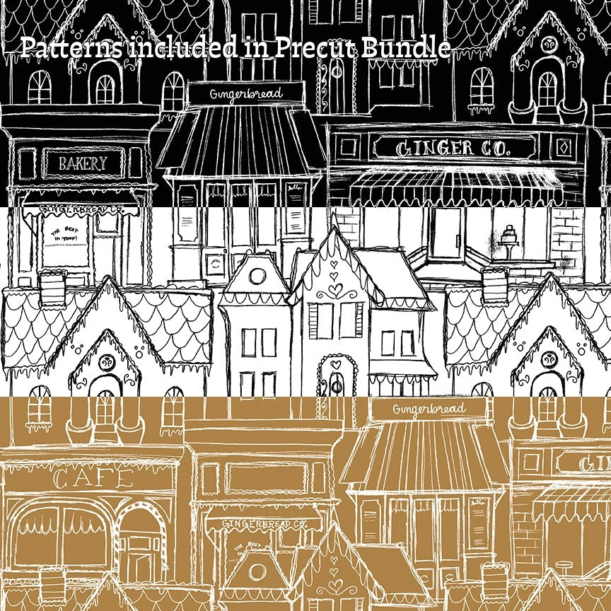 fabric patterns from The Gingerbread fabric collection from Riley Blake Designs, designed by J. Wecker Frisch, is a nostalgic, vintage-inspired holiday line celebrating the sweet tradition of Christmas cookie baking. The theme includes Antique lace patterns, classic illustrations, and soft watercolor elements layered together for a timeless look. The color palette has Warm browns, creamy whites, vibrant reds, forest greens, subtle blues, and occasional dark backgrounds.