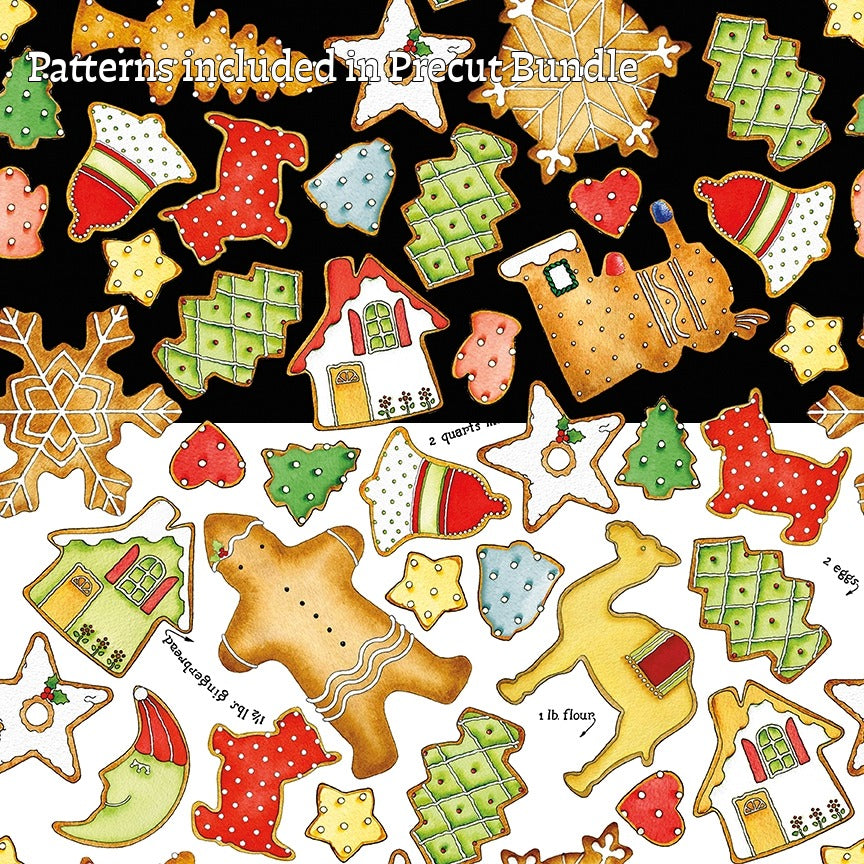 fabric patterns from The Gingerbread fabric collection from Riley Blake Designs, designed by J. Wecker Frisch, is a nostalgic, vintage-inspired holiday line celebrating the sweet tradition of Christmas cookie baking. The theme includes Antique lace patterns, classic illustrations, and soft watercolor elements layered together for a timeless look. The color palette has Warm browns, creamy whites, vibrant reds, forest greens, subtle blues, and occasional dark backgrounds.