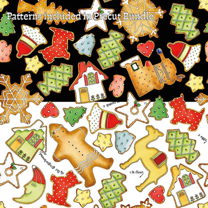 fabric patterns from The Gingerbread fabric collection from Riley Blake Designs, designed by J. Wecker Frisch, is a nostalgic, vintage-inspired holiday line celebrating the sweet tradition of Christmas cookie baking. The theme includes Antique lace patterns, classic illustrations, and soft watercolor elements layered together for a timeless look. The color palette has Warm browns, creamy whites, vibrant reds, forest greens, subtle blues, and occasional dark backgrounds.