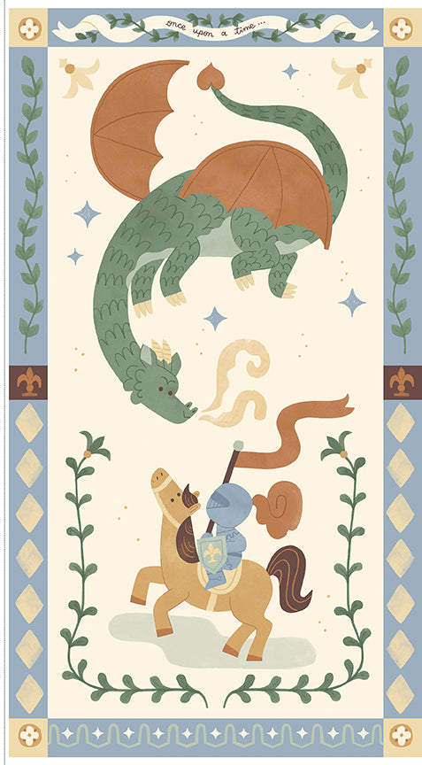 Cotton fabric faraway kingdom collection quilt panel with Illustration of a dragon and a knight on a horse with decorative elements.